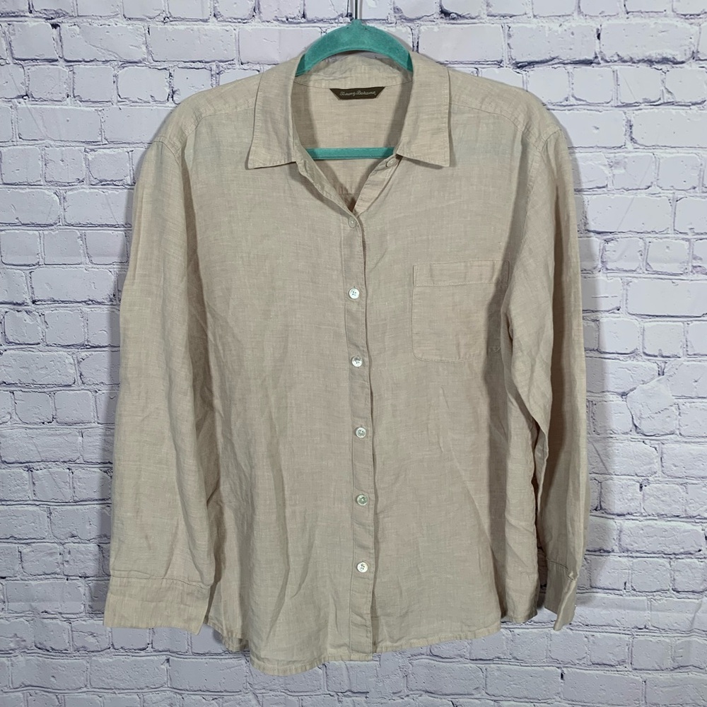 Tommy Bahama Womens linen Button Down Long Sleeve Top Tan Size L Vacation Casual